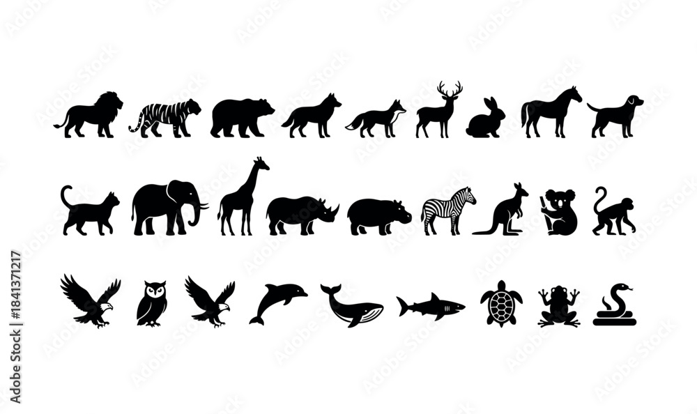 Naklejka premium Silhouette collection of various wild and domestic animals
