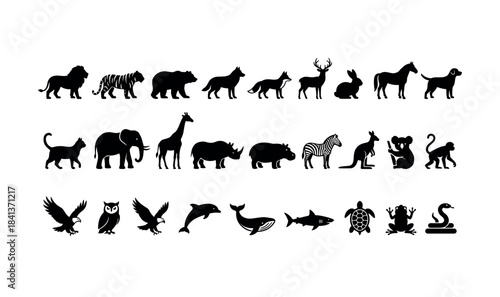 Silhouette collection of various wild and domestic animals