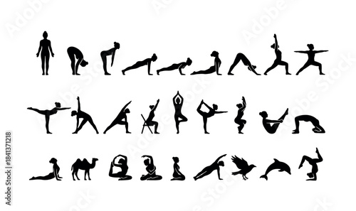 Silhouette yoga poses sequence: diverse female exercise variations