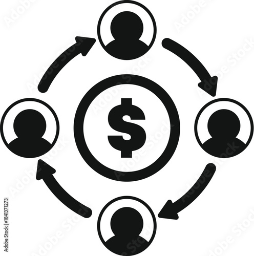 People are circling a dollar symbol, indicating money flow and financial network