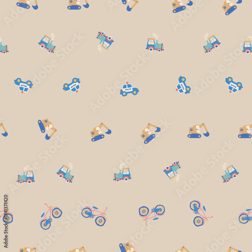 Cars and Construction Vector Seamless Pattern Vehicles Pattern Seamless Vector Design with Diggers, Bikes Excavators