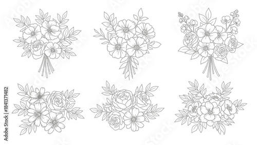 Six handdrawn floral bouquets and arrangements in black outline