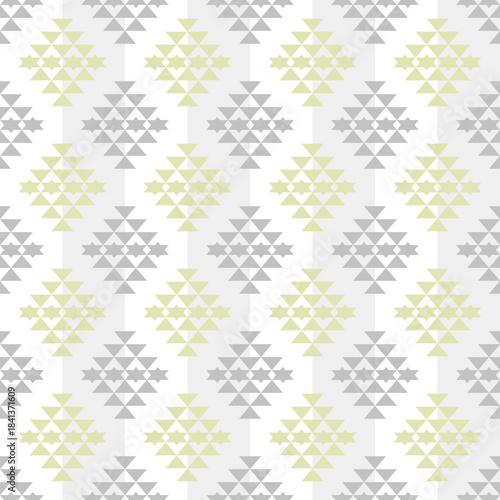 Seamless Geometric Triangle Pattern Vector. Pastel Teal and Grey Diamond Motif on Peach Stripes Background. Modern Ethnic Abstract Design.
