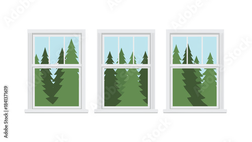 Three white framed windows with green trees outside on a light blue sky background