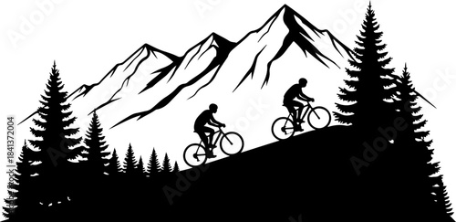 Mountain Trail Cyclists Silhouette