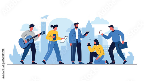 Dynamic urban scene with diverse people pursuing creative, business, and tech-related activities, symbolizing collaboration and modern life
