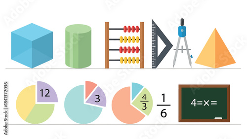 Educational Vector Illustration Showcasing Diverse Mathematical Elements, Geometric Shapes, and Learning Tools for Academic Concepts