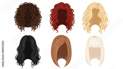 Collection of six different colored wigs on for hairstyle and hair color reference