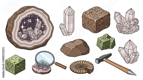 A Detailed Vector Illustration Showcasing Various Rocks, Crystals, Fossils, and Geological Specimens