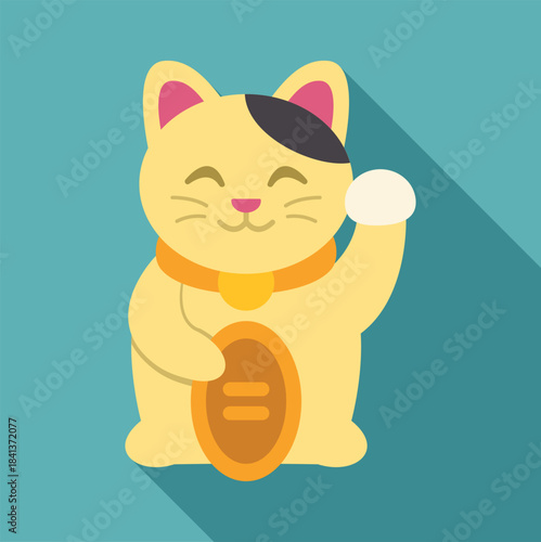 Traditional japanese lucky cat maneki neko figurine holding a gold coin, symbolizing good fortune