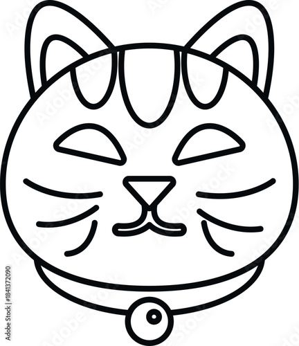 Maneki neko cat head with a collar and bell on a white backdrop