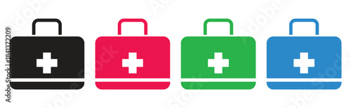 Colorful Medical First Aid Kits in a Row, Essential Safety and Emergency Equipment