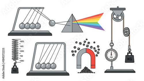 Physics Concept Illustrations Newton's Cradle, Magnetism, Light Spectrum, and Mechanical Forces