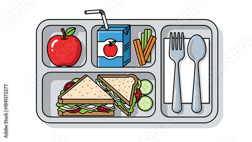 A healthy and balanced lunch tray with a sandwich, fruit, vegetables, and juice for a school meal or picnic