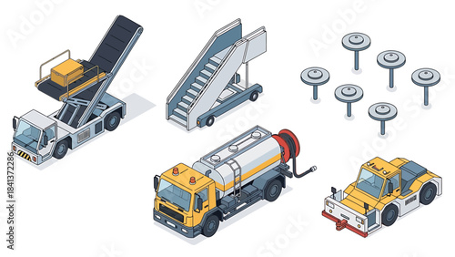 Airport Vehicles and Equipment Collection in Isometric Vector Art for Aviation and Transportation Designs