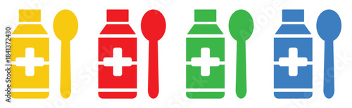 Medicine Bottles and Spoons, Liquid Medication Dosage Symbol