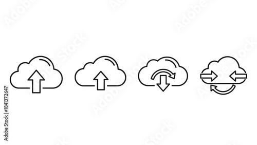 Set of four outline cloud icons with upload, download and sync arrows