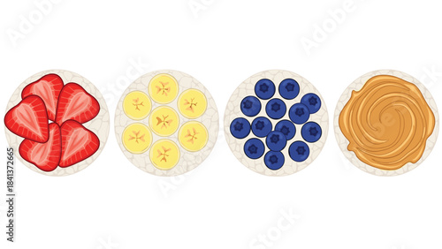 Four plates of different fruits and spread on a for healthy eating concept