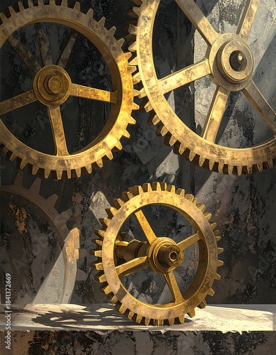 Close-up of intricate golden gears, textured background