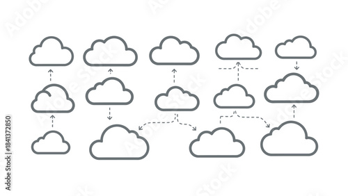 Cloud computing network diagram with various cloud shapes and connecting dashed lines