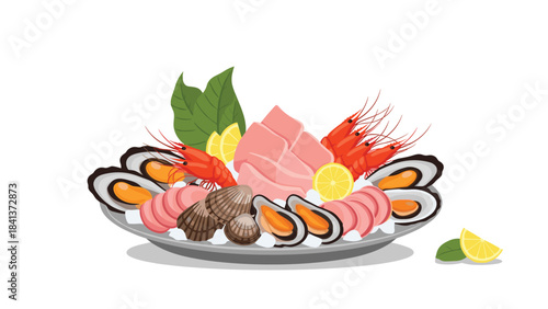 A plate of assorted sushi with salmon, tuna, and shrimp on a white plate with green leaves and red chili peppers on a