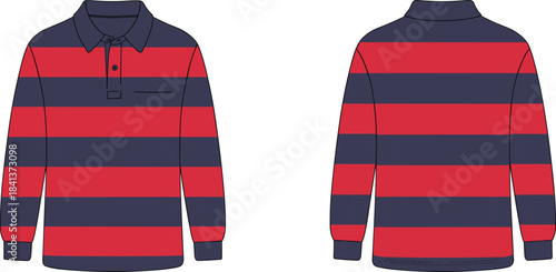 Striped rugby shirt flat sketch, long sleeve sportswear design, red navy stripes apparel template, fashion illustration, collar button placket chest pocket
