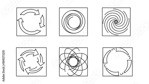 Set of six abstract line art icons representing cycles, rotation and atomic structure