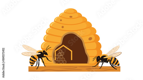 Illustration of a beehive with two bees on a white surface in a sunny meadow