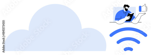 Cloud technology, internet services, remote work, communication, wireless connection, digital networking. Cloud icon, person with tablet and wireless symbol. Cloud technology and internet services