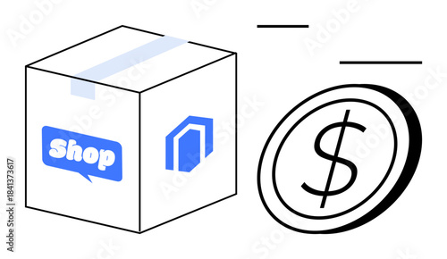 Online shopping, e-commerce solutions, delivery services, financial transactions, retail business, product packaging. Box with shopping and house icons, dollar coin illustration. Online shopping