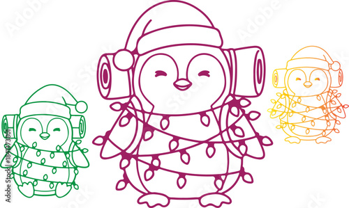 Three cute cartoon penguins wearing santa hats and tangled in colorful string lights for winter holidays on transparent background