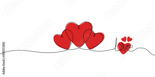 Continuous line drawing of hearts and love lettering as one single line vector