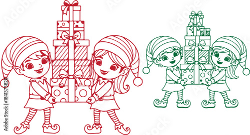 Adorable cartoon christmas elves carrying tall stacks of wrapped holiday presents in red and green outline on transparent background