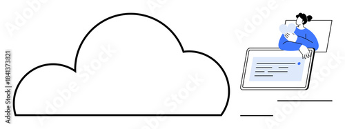 Cloud storage concept. A cloud icon and a user accessing files on a digital tablet cloud storage, digital file management, and data-sharing solutions. For technology, business, collaboration