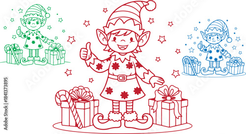 Festive christmas elf characters in red green and blue outline style holding presents for holiday cheer on transparent background