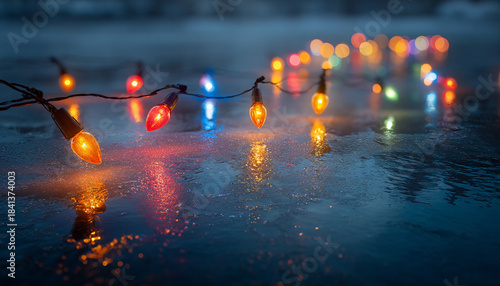 Abstract gradient holiday lights reflecting on smooth ice