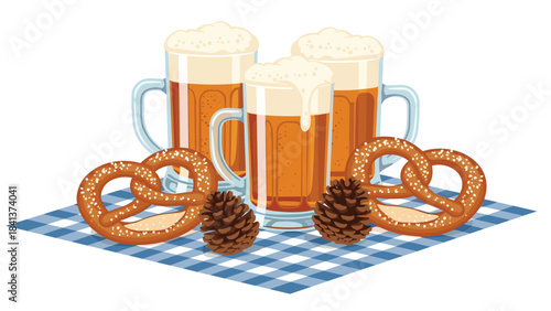 A festive still life of beer mugs and pretzels on a checkered tablecloth with pine cones, perfect for oktoberfest or germanthemed celebrations and decorations
