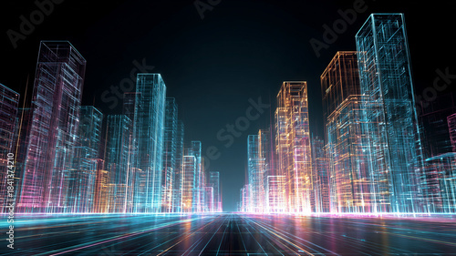 Abstract city towers with glowing outlines and mirrored streets.