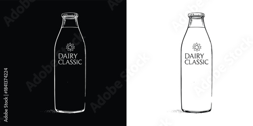 A classic glass milk bottle, depicted in outline on both a black and a white background, suggesting dairy freshness