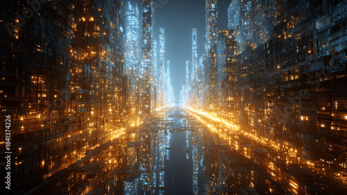 Abstract city towers with glowing outlines and mirrored streets.