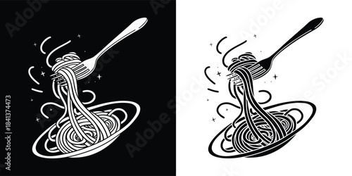 A fork twirling spaghetti, a classic italian dish, presented in a stylized black and white illustration with a dark background