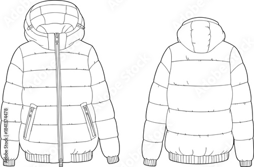 Technical flat sketch puffer jacket, front and back view, quilted coat design, hooded winter jacket, fashion illustration, garment drawing, apparel design, outerwear