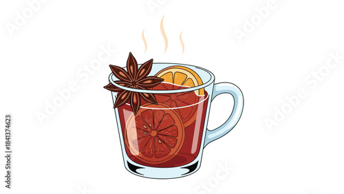 A steaming mug of mulled wine with star anise and orange on a, perfect for holiday or winter drink concepts