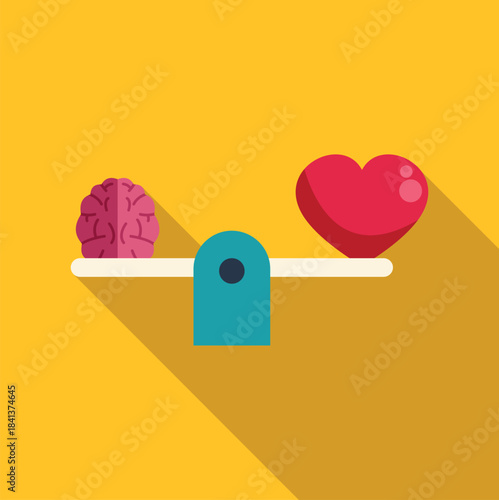 Brain and heart balancing on a seesaw representing a choice between logic and emotion