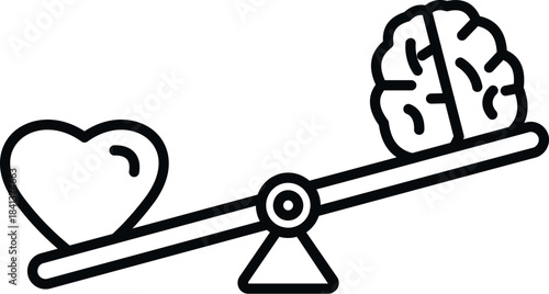 Heart and human brain outline icons weighing on a seesaw, representing emotion versus logic