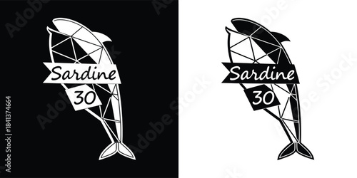 Geometric dolphin logo with text sardine 30 on a black and white background