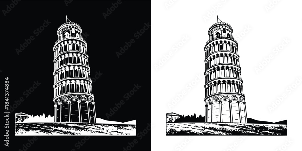Naklejka premium Black and white illustration of the leaning tower of pisa on a black and white background
