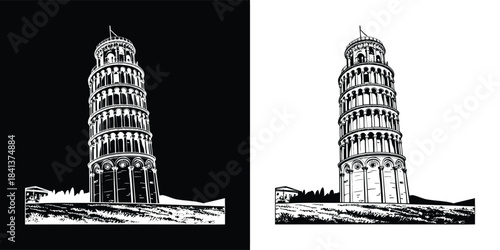 Black and white illustration of the leaning tower of pisa on a black and white background