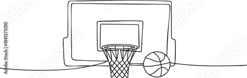 continuous line drawing of a basketball hoop, net, and ball capturing a clean modern moment before or after a shot vector illustration
