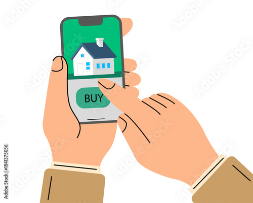 Buying house. Buyer, customer press the button BUY on phone. Deal sale and purchase of real, concept. Vector illustration. Money home.